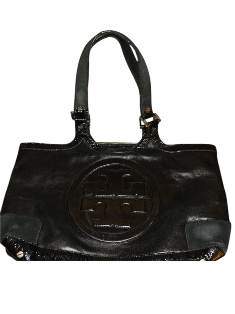 Tory Burch Black Leather Tote Shoulder Bag with Logo Accent